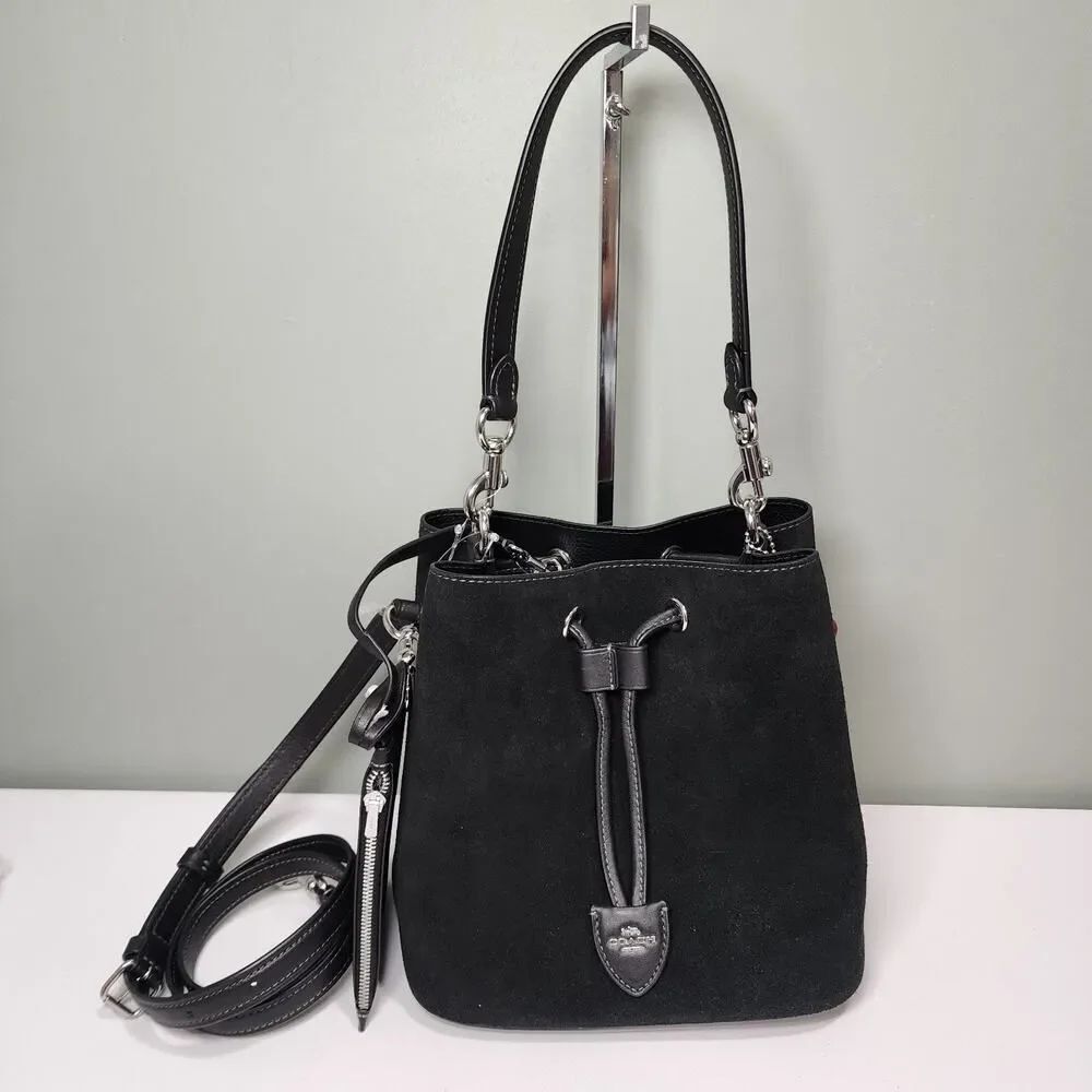 NWT CoachโCCZ89 Rowan Bucket Bag With Cherry Charm Suede & Smooth Leather Black